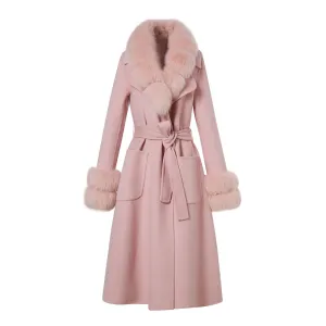 Lady Long Wool Jacket with Real Fox fur Cuffs Fashion Coat Pink Detachable