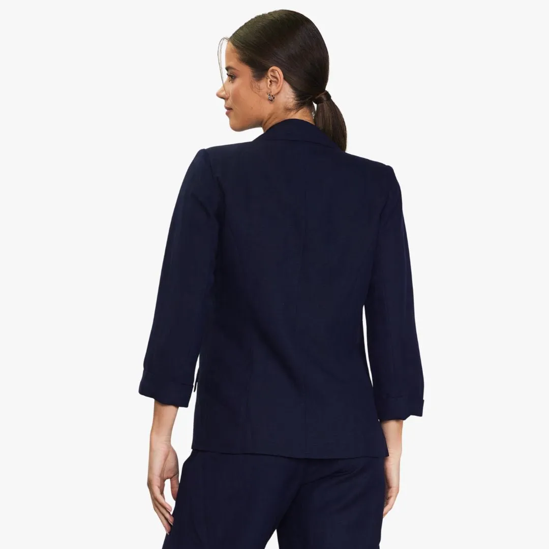 Linen Blend Three Quarter Sleeve Blazer (Navy)