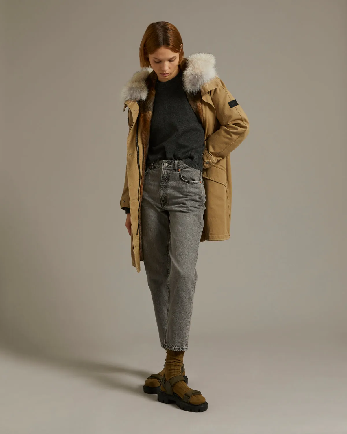 Long cotton gabardine parka with coyote and rabbit fur