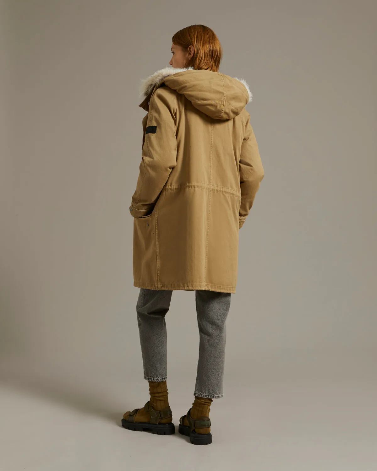 Long cotton gabardine parka with coyote and rabbit fur