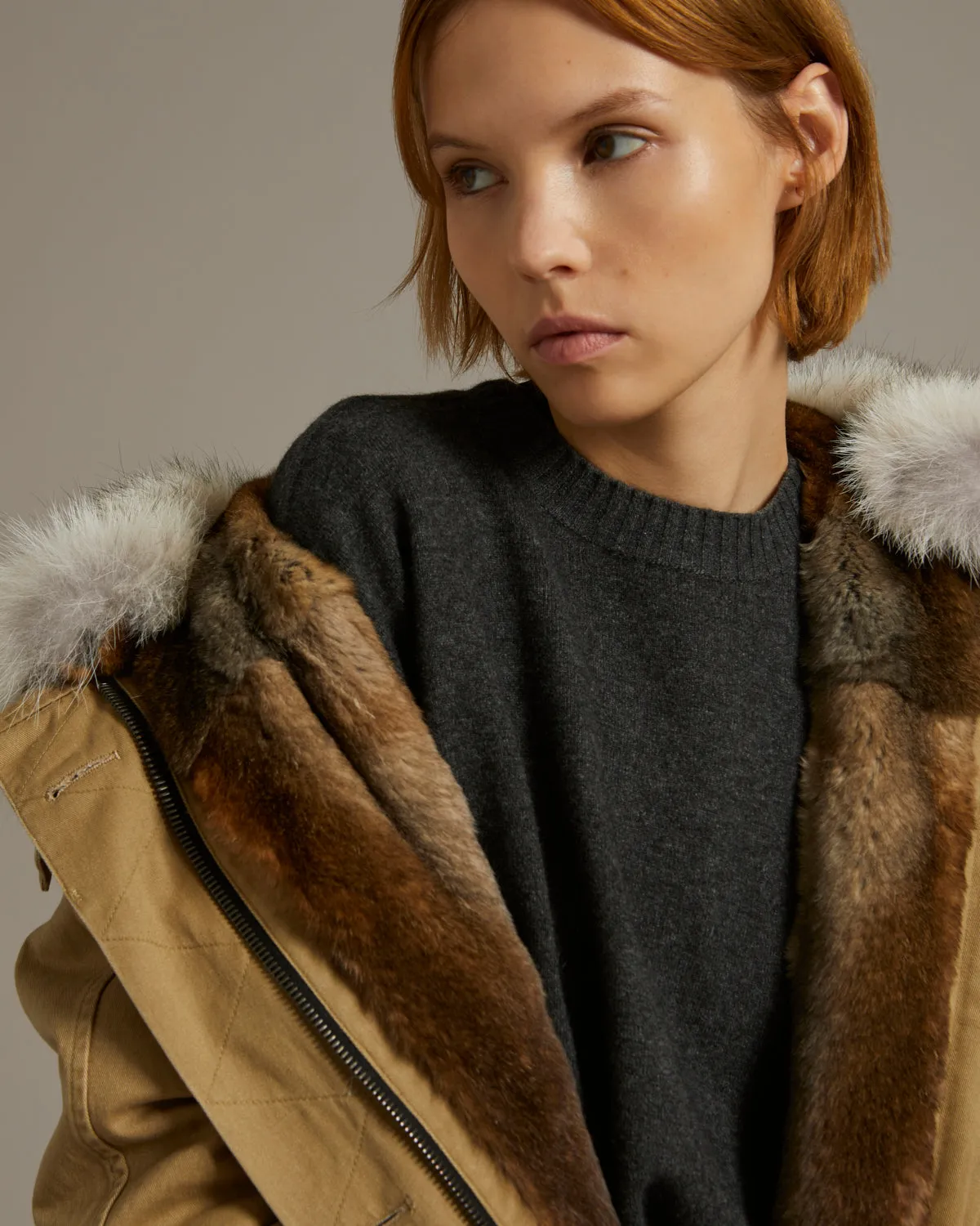 Long cotton gabardine parka with coyote and rabbit fur
