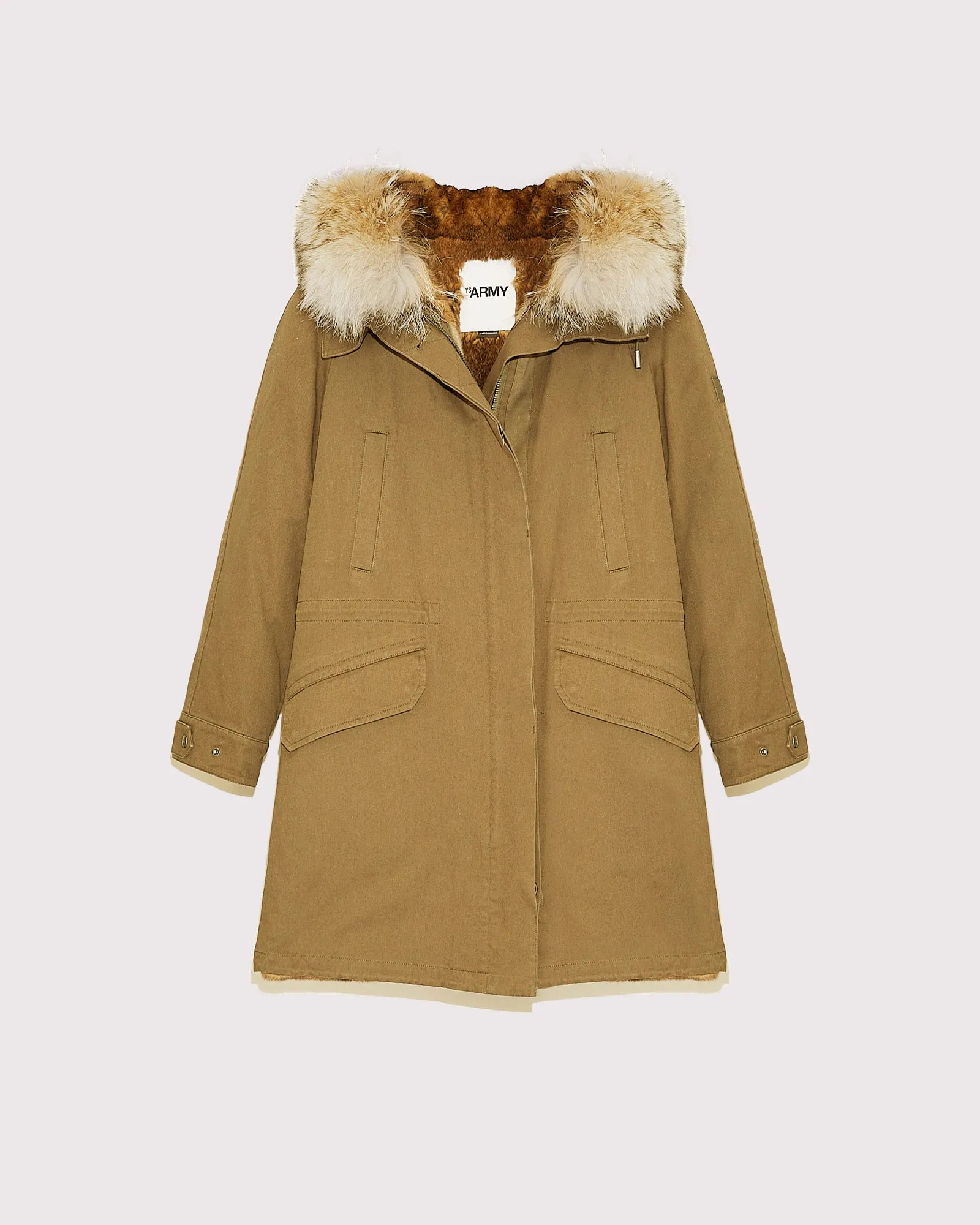 Long cotton gabardine parka with coyote and rabbit fur