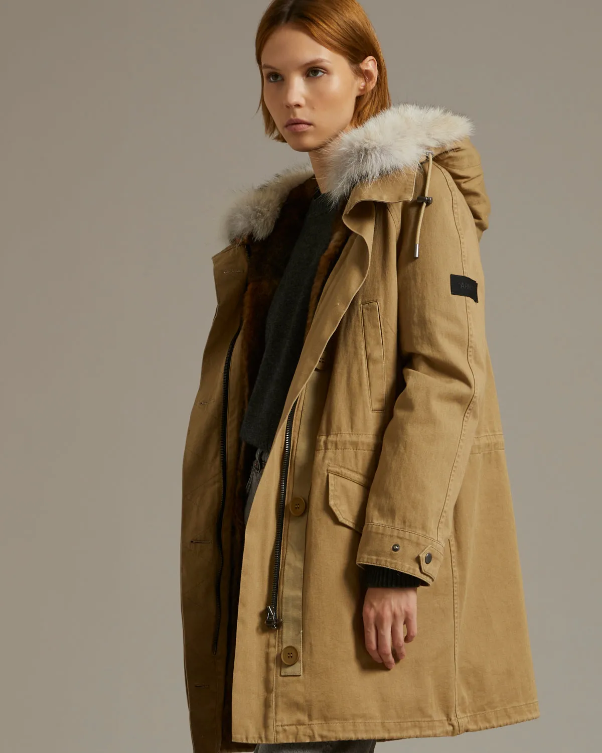 Long cotton gabardine parka with coyote and rabbit fur