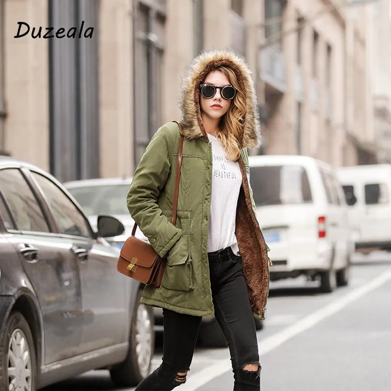 Long Fur Collar Parkas - Cotton Outwear