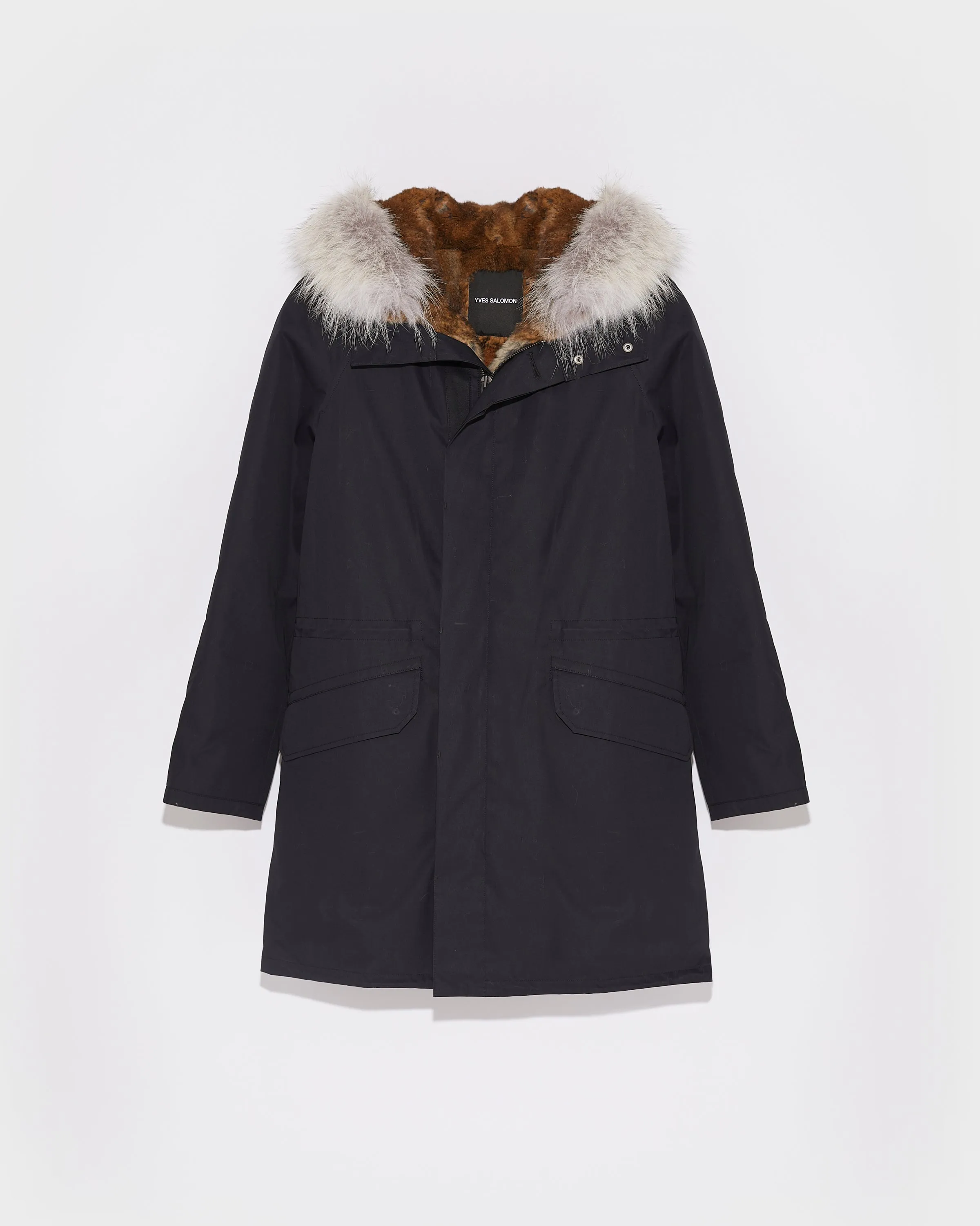 Long Iconic parka in technical cotton with coyote and rabbit fur