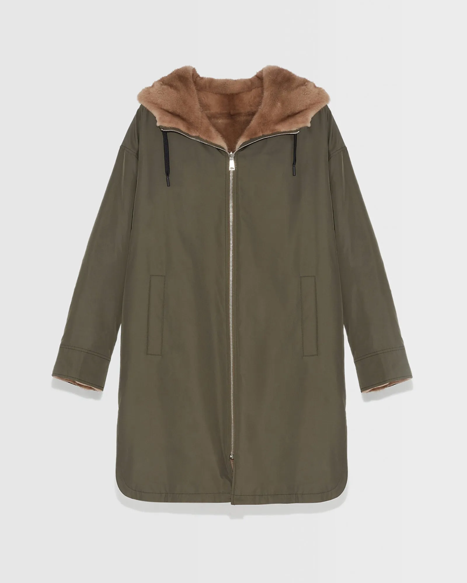Long reversible parka in technical fabric and mink fur