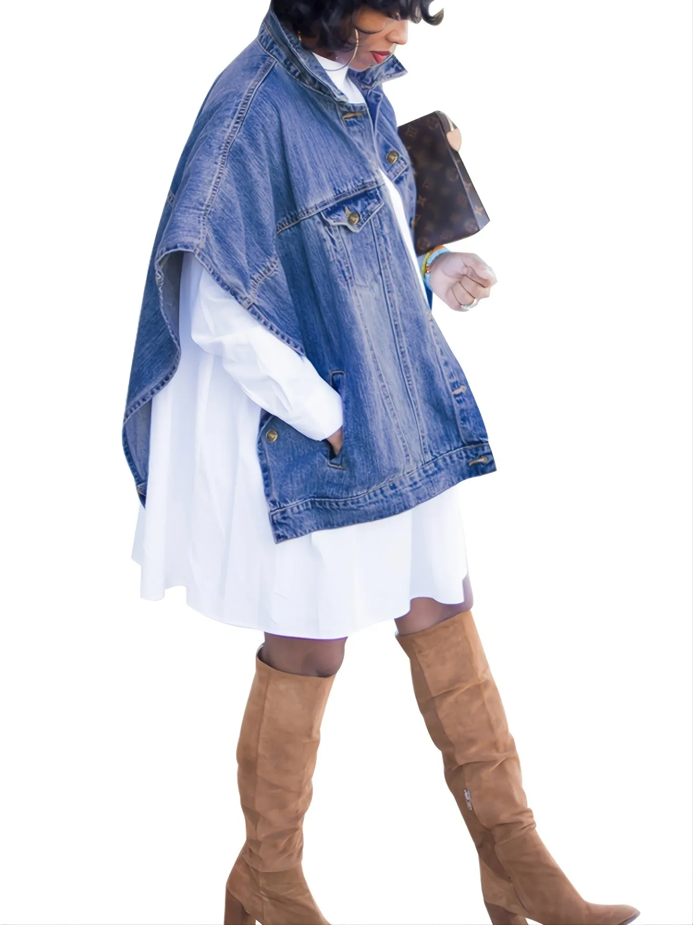 Loose Denim Cloak Jackets, Women's Denim Poncho Cloak Cape, Washed Blue Denim Jackets, Denim Vest