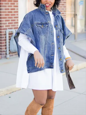 Loose Denim Cloak Jackets, Women's Denim Poncho Cloak Cape, Washed Blue Denim Jackets, Denim Vest