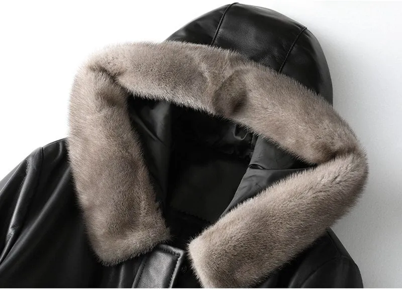 Luxury Sheepskin Leather Suede Coat Duck Down Lingning Mink Fur Hoody