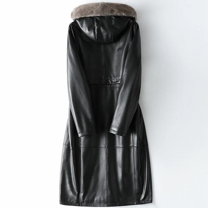 Luxury Sheepskin Leather Suede Coat Duck Down Lingning Mink Fur Hoody