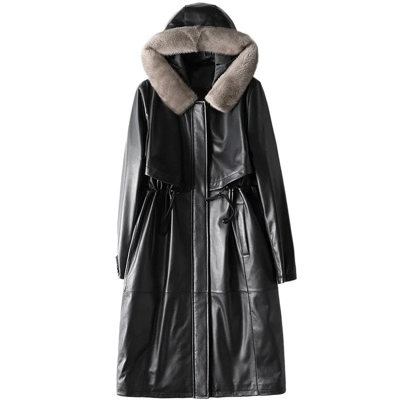 Luxury Sheepskin Leather Suede Coat Duck Down Lingning Mink Fur Hoody