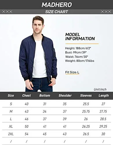 MADHERO Mens Bomber Jacket Lightweight Slim Fit Softshell Windbreaker White M