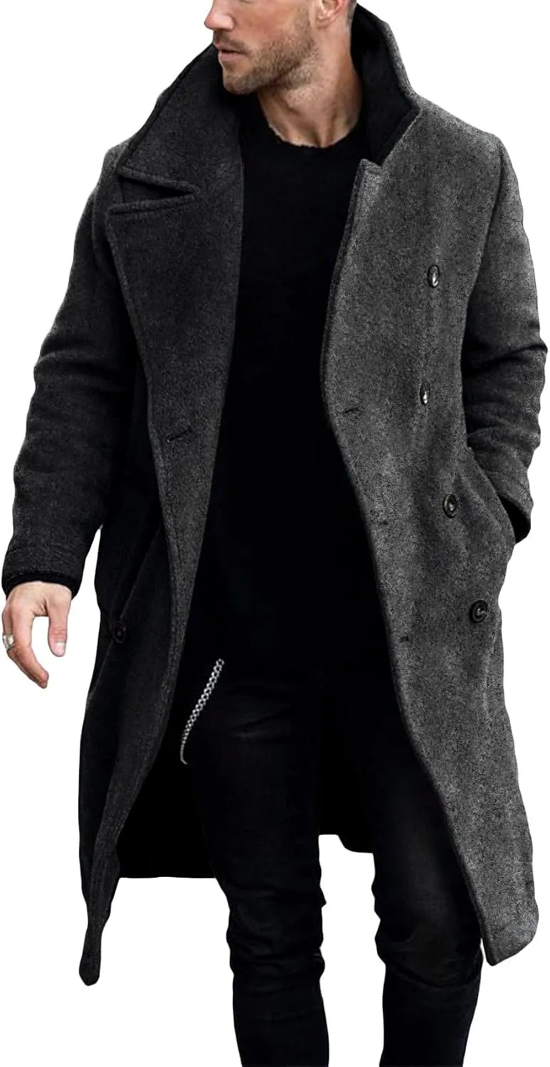 Makkrom Mens Double Breasted Trench Coat Casual Lapel Collar Business Coat