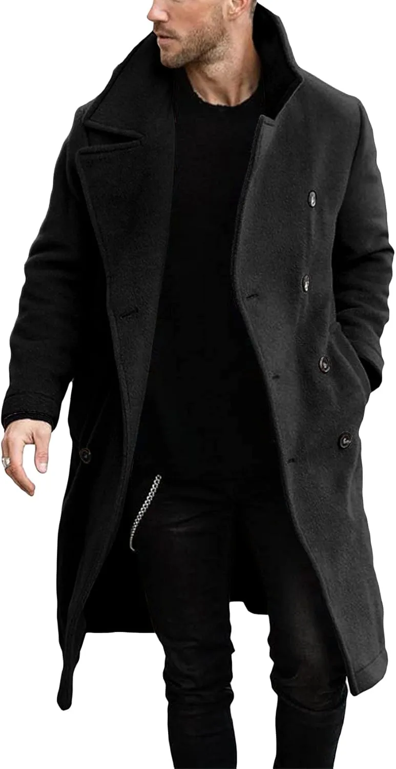 Makkrom Mens Double Breasted Trench Coat Casual Lapel Collar Business Coat