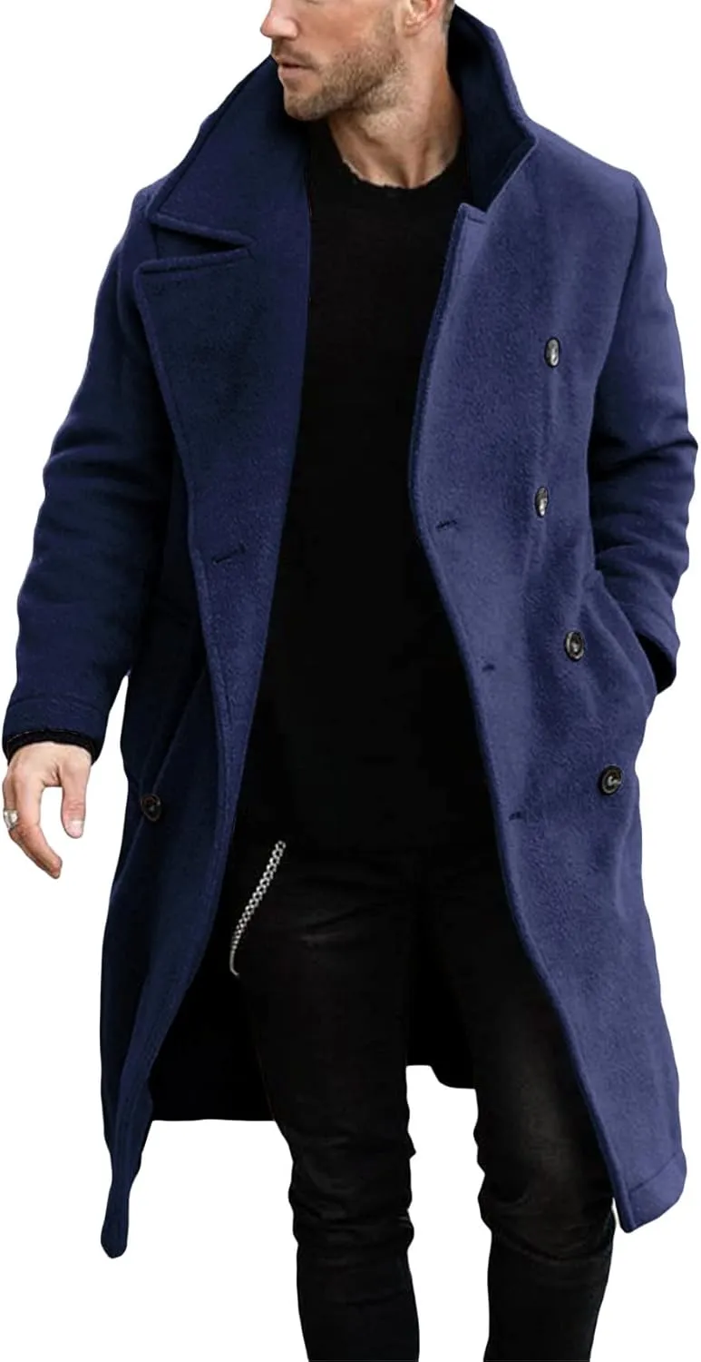 Makkrom Mens Double Breasted Trench Coat Casual Lapel Collar Business Coat