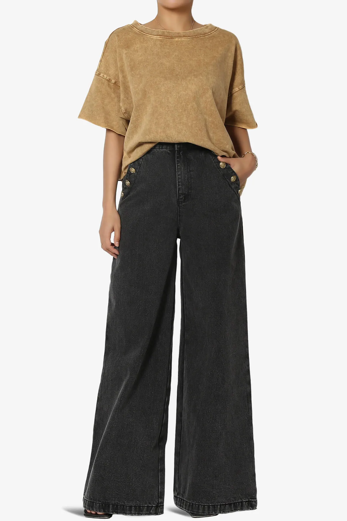 Memento Button Detail High Waist Wide Leg Jeans Black