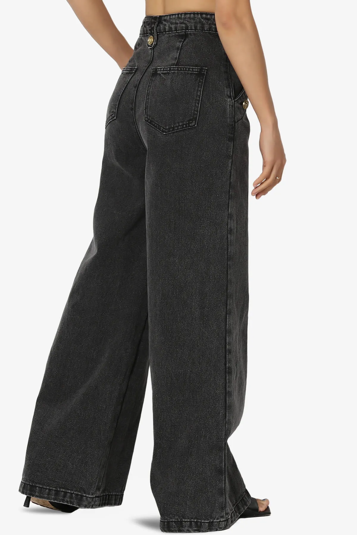Memento Button Detail High Waist Wide Leg Jeans Black