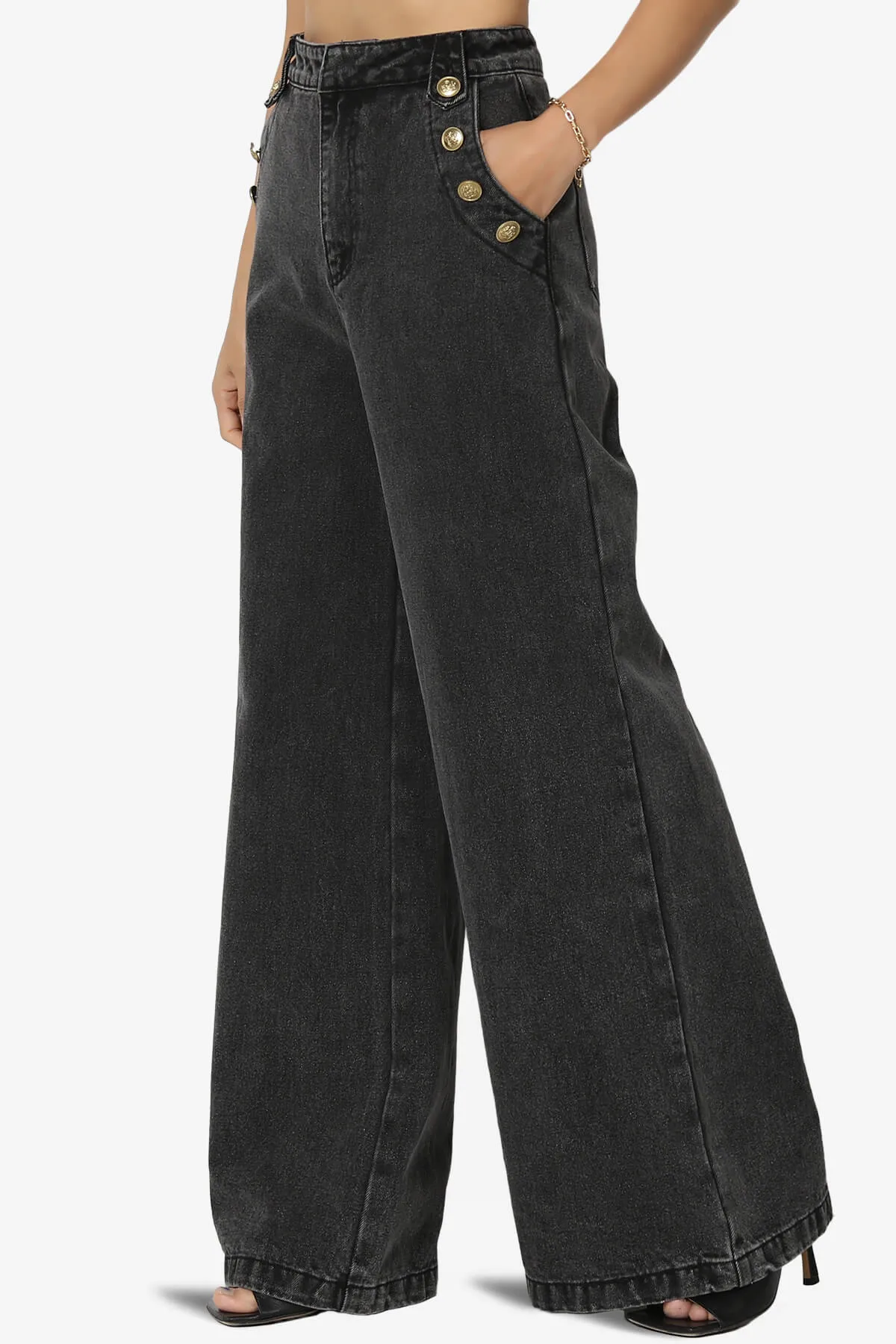 Memento Button Detail High Waist Wide Leg Jeans Black