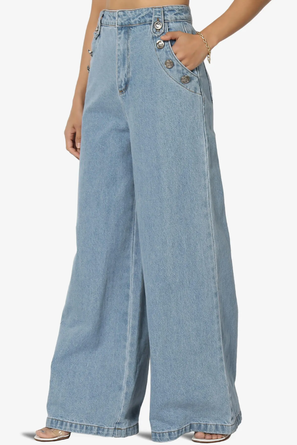 Memento Button Detail High Waist Wide Leg Jeans