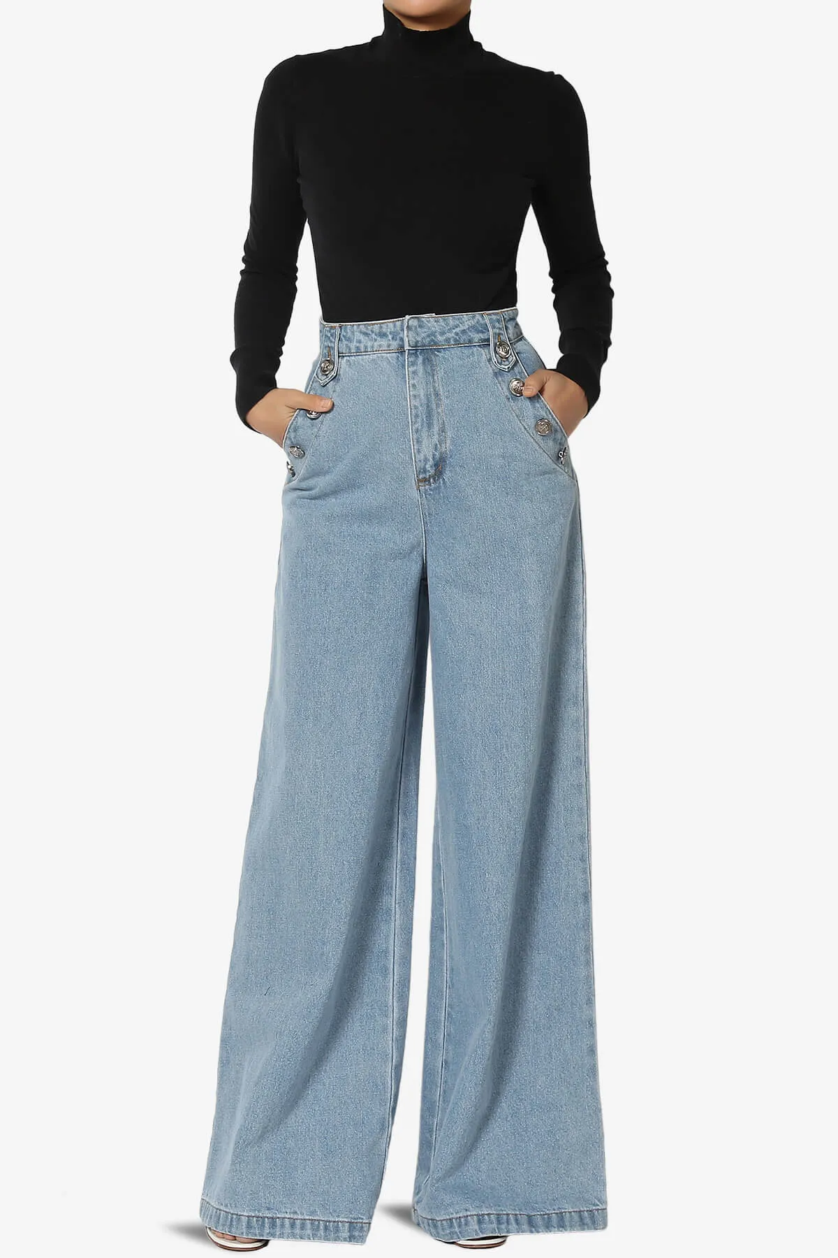Memento Button Detail High Waist Wide Leg Jeans