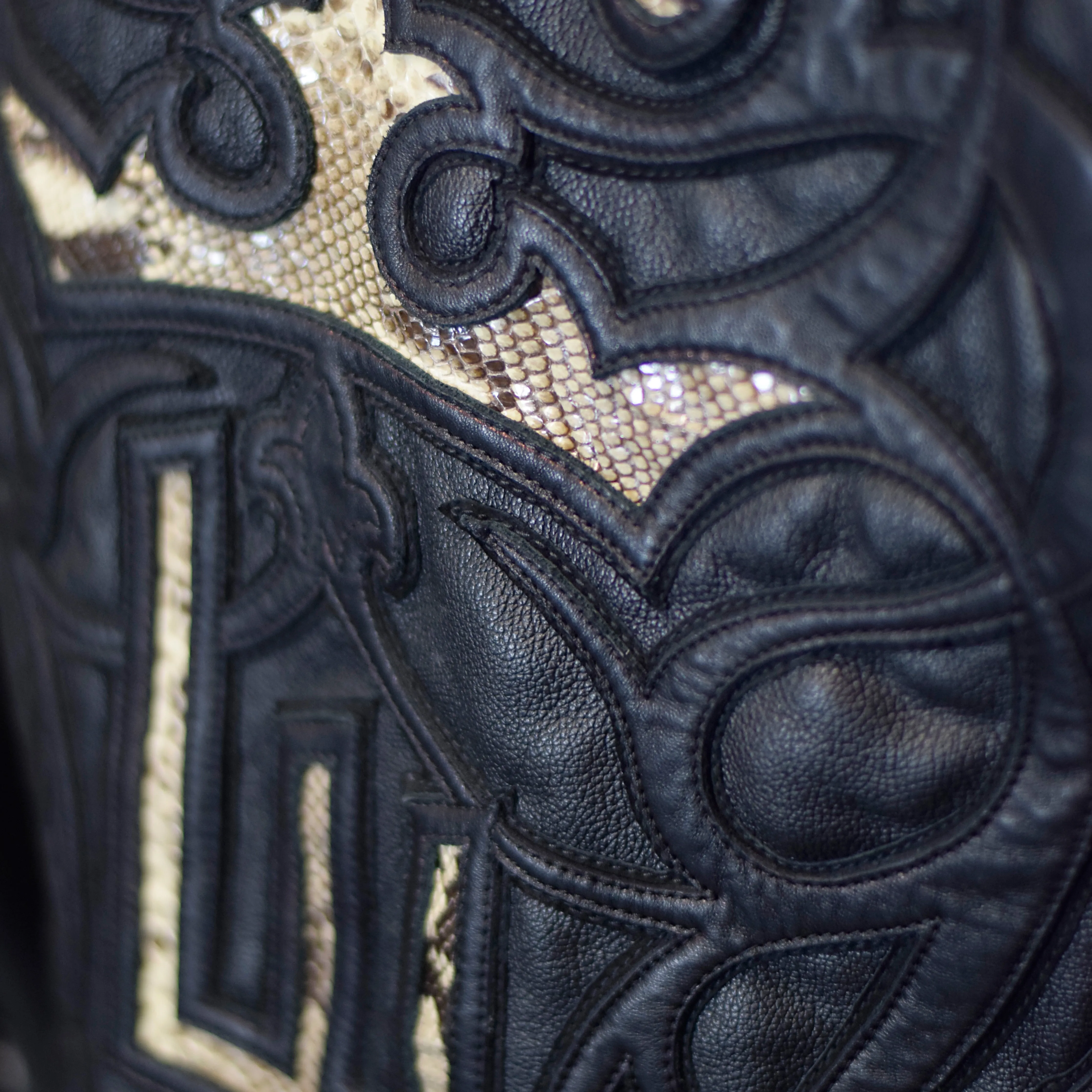 Men's Black Biker Leather Jacket, Natural Python trims.