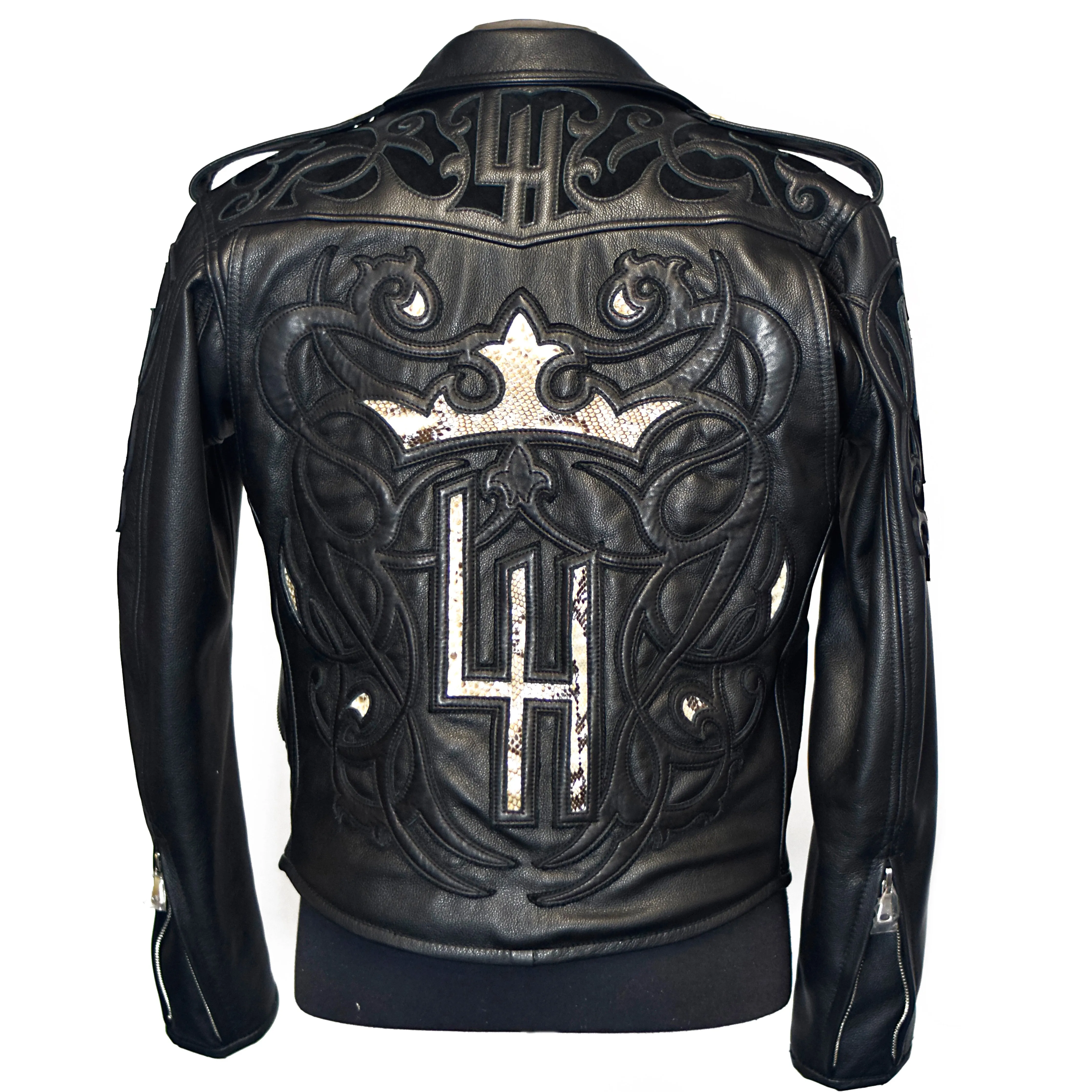 Men's Black Biker Leather Jacket, Natural Python trims.
