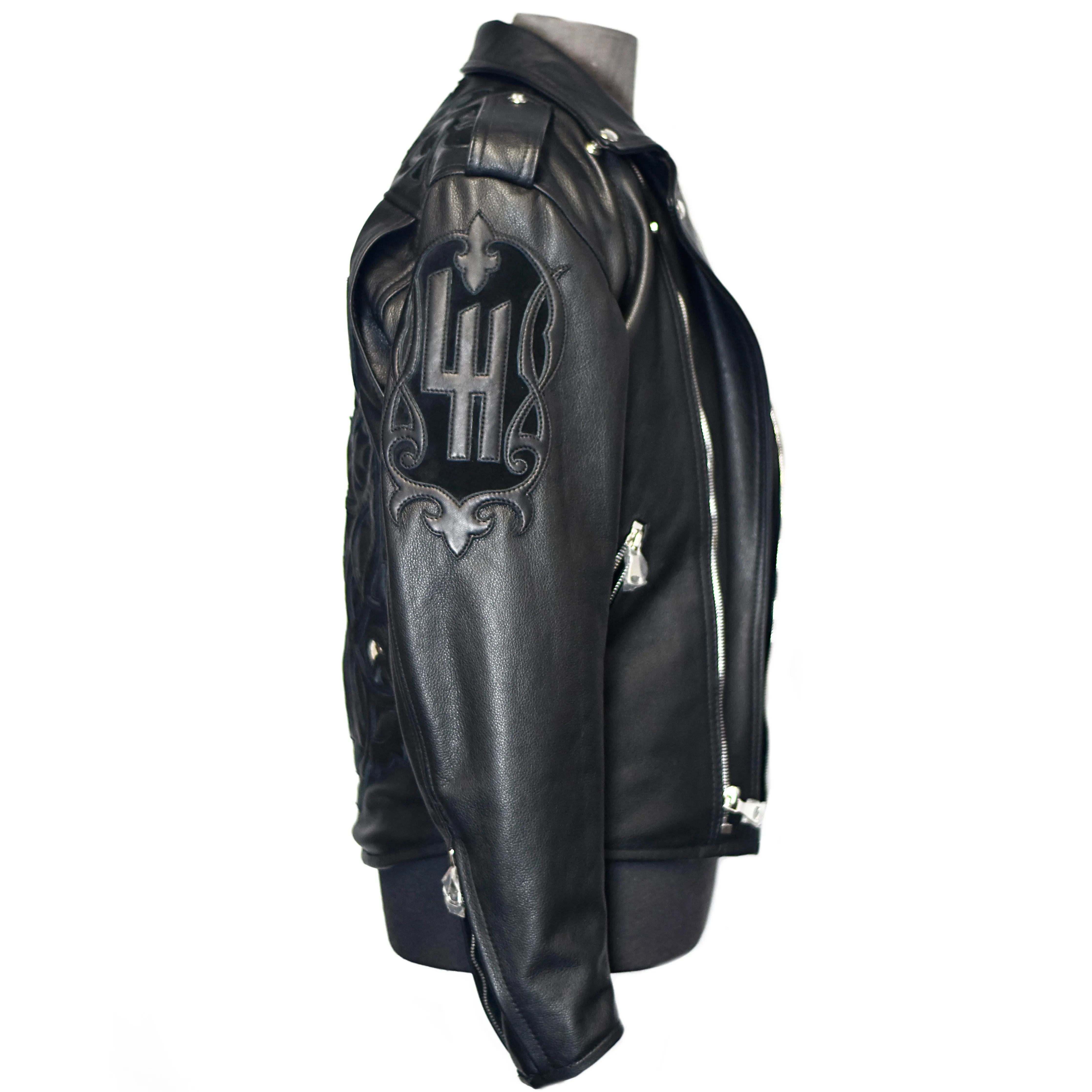 Men's Black Biker Leather Jacket, Natural Python trims.