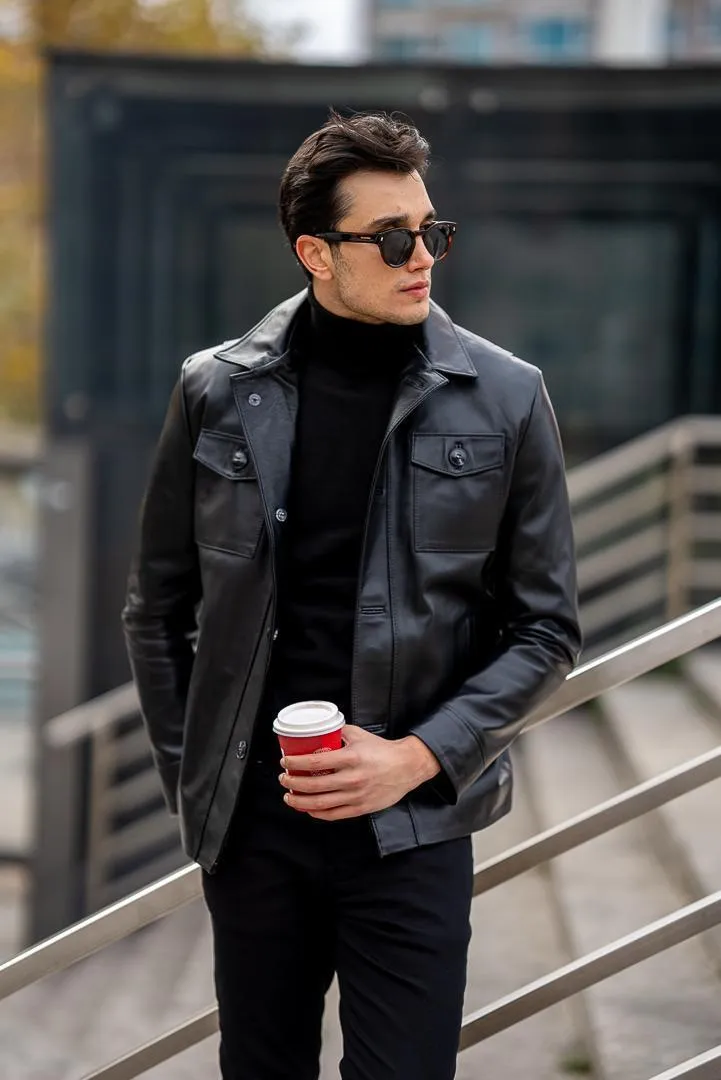 Men's Black Double Pocket Leather Jackets