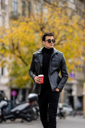Men's Black Double Pocket Leather Jackets