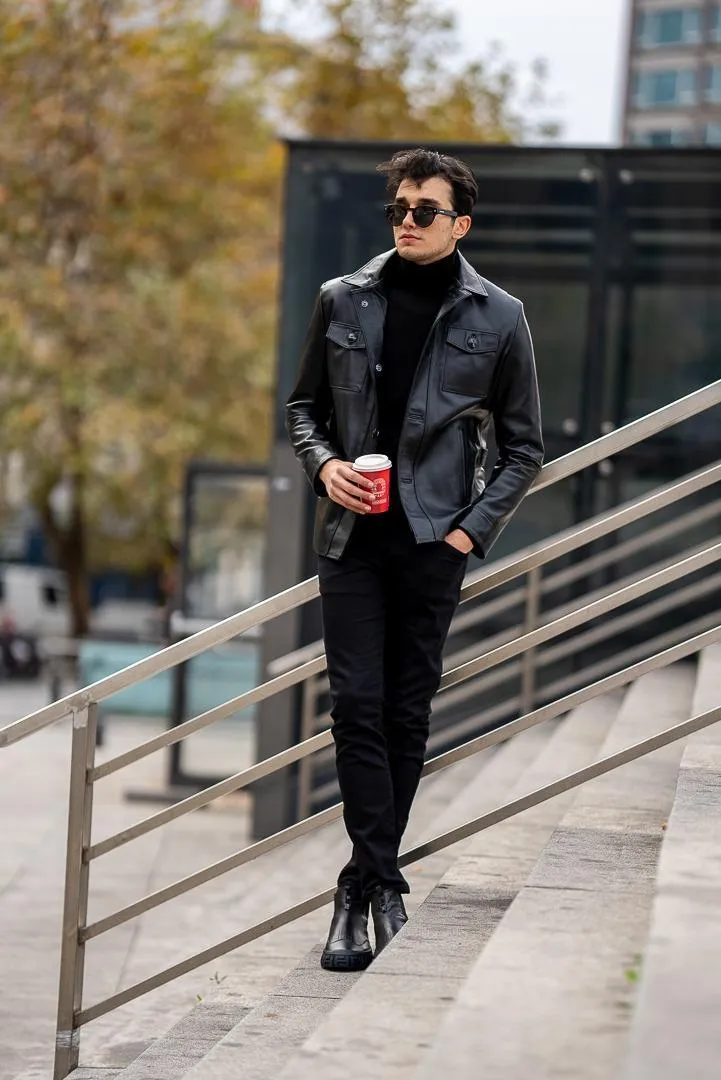 Men's Black Double Pocket Leather Jackets