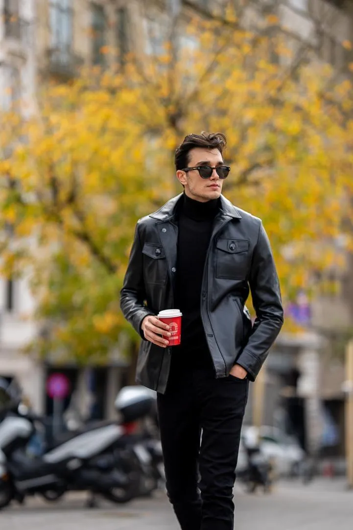 Men's Black Double Pocket Leather Jackets