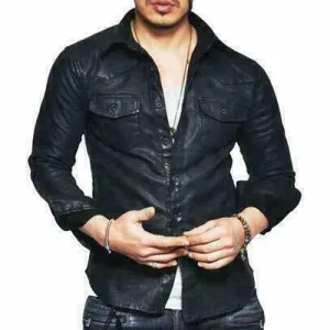 Men’s Black Leather Biker Shirt – Rugged Moto Style