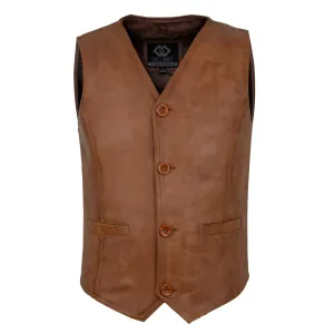 Mens Buttoned Tan or Black Soft Leather Waistcoat Vest