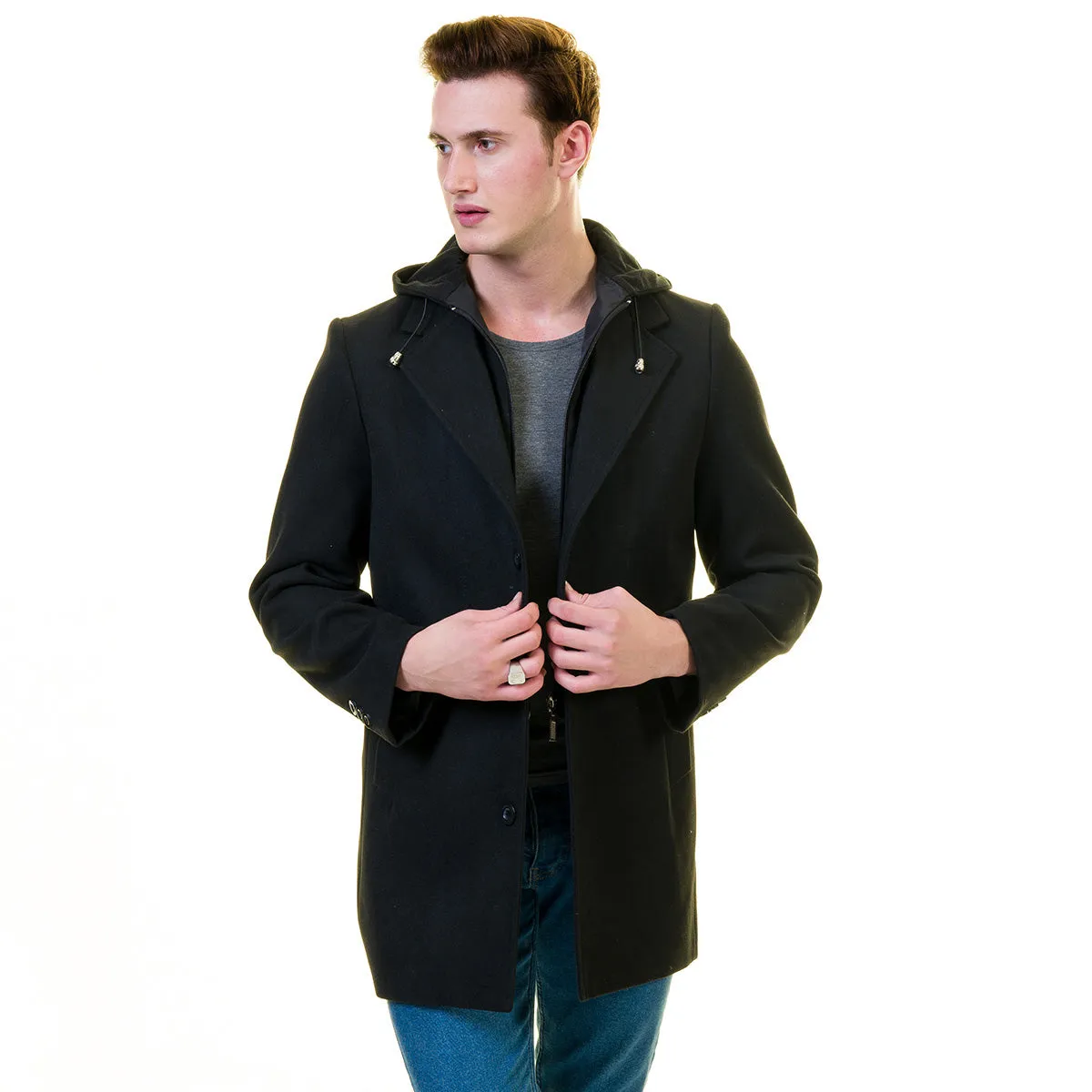 Men's European Black Wool Coat Hooded Jacket Tailor fit Fine Luxury Quality Work and Casual