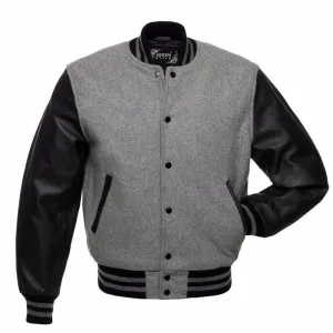 Men's Grey Wool Letter man Varsity Bomber Jackets Black Real Leather Sleeves