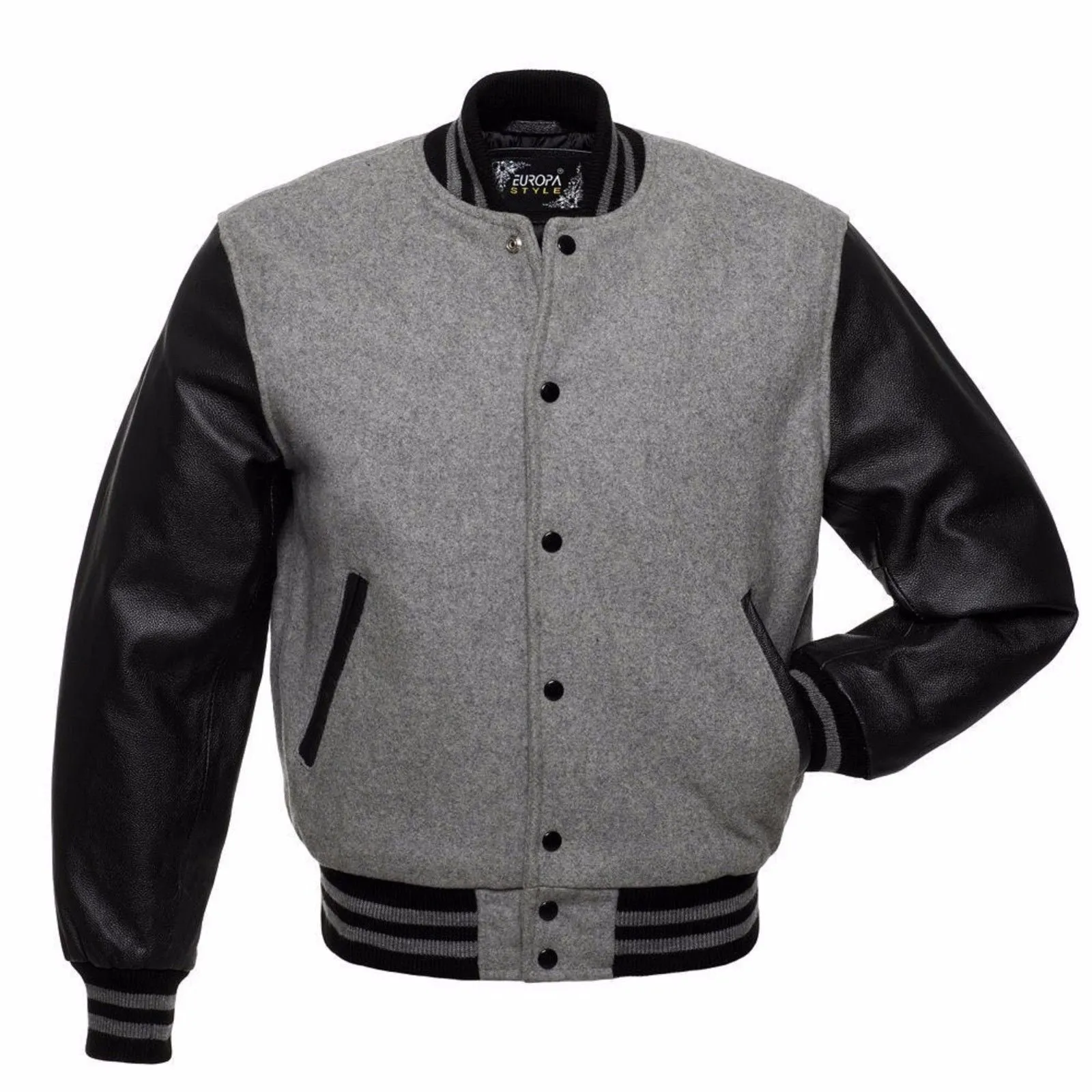 Men's Grey Wool Letter man Varsity Bomber Jackets Black Real Leather Sleeves