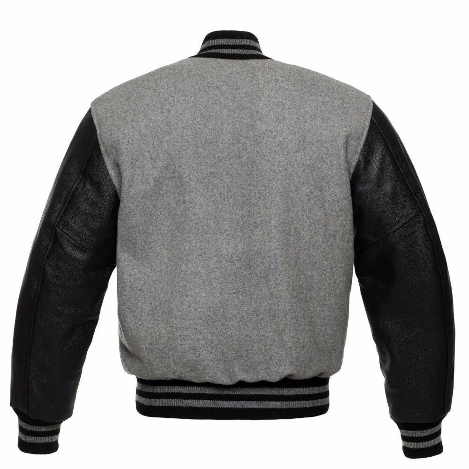 Men's Grey Wool Letter man Varsity Bomber Jackets Black Real Leather Sleeves