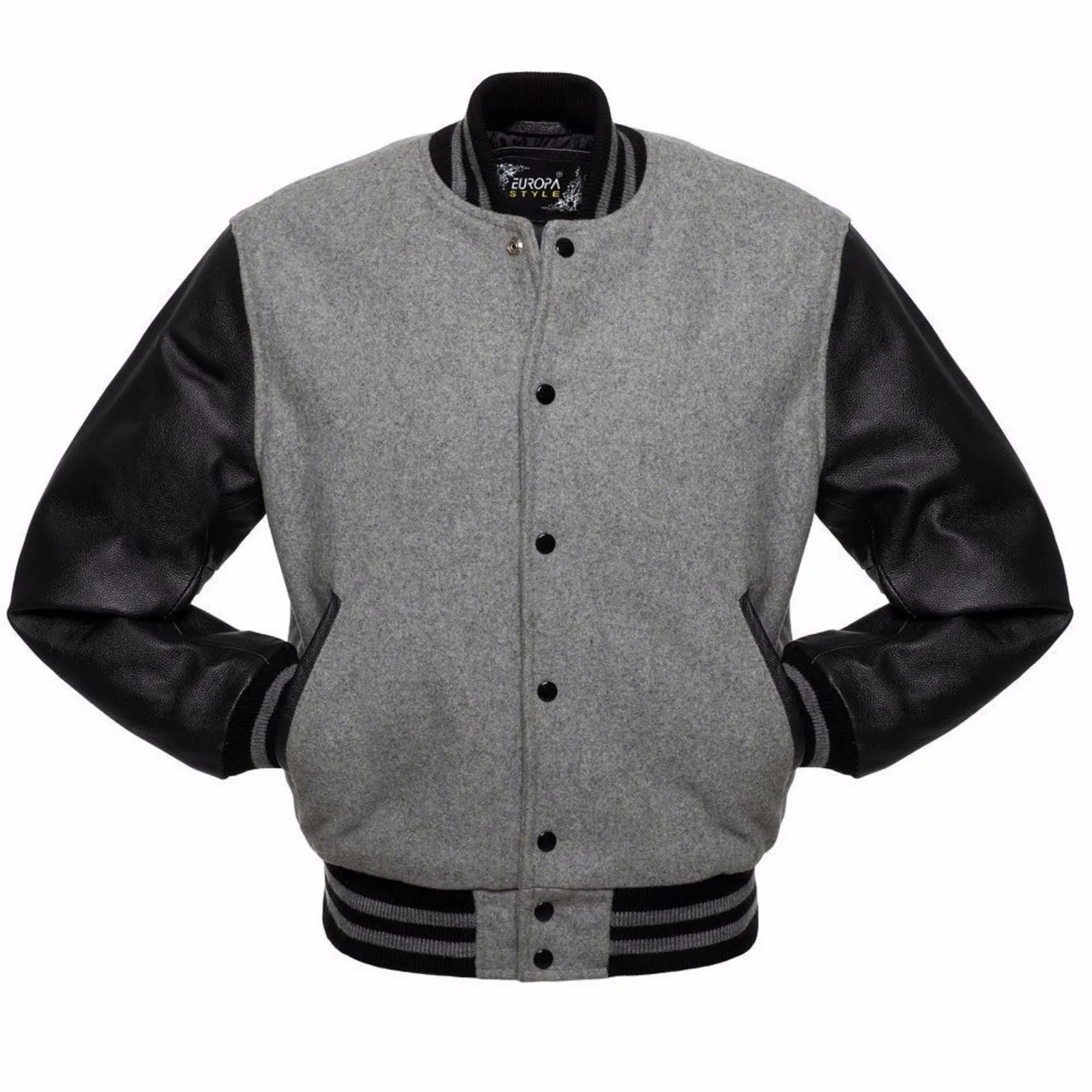Men's Grey Wool Letter man Varsity Bomber Jackets Black Real Leather Sleeves