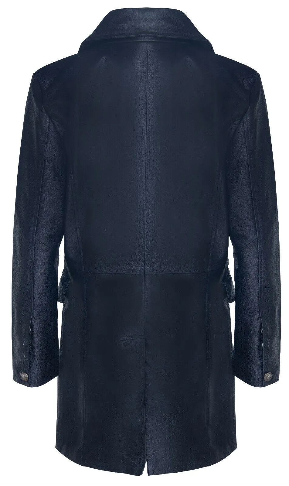 Mens Long Black Cowhide Leather Peacoat-Ellesmere