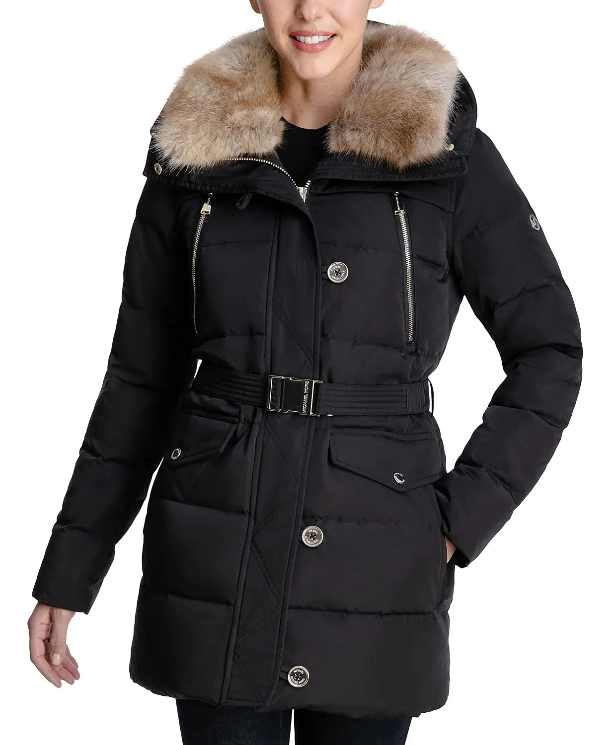 Michael Michael Kors Belted Faux Fur Collar Down Puffer Coat Gold Button Black (S)