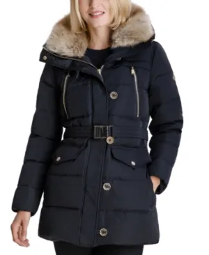 Michael Michael Kors Belted Faux Fur Collar Down Puffer Coat Gold Button Black (S)