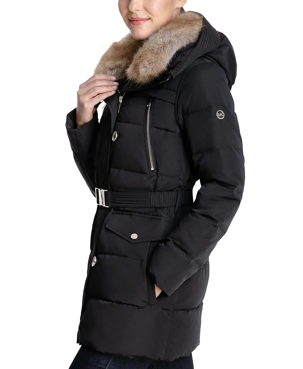 Michael Michael Kors Belted Faux Fur Collar Down Puffer Coat Gold Button Black (S)