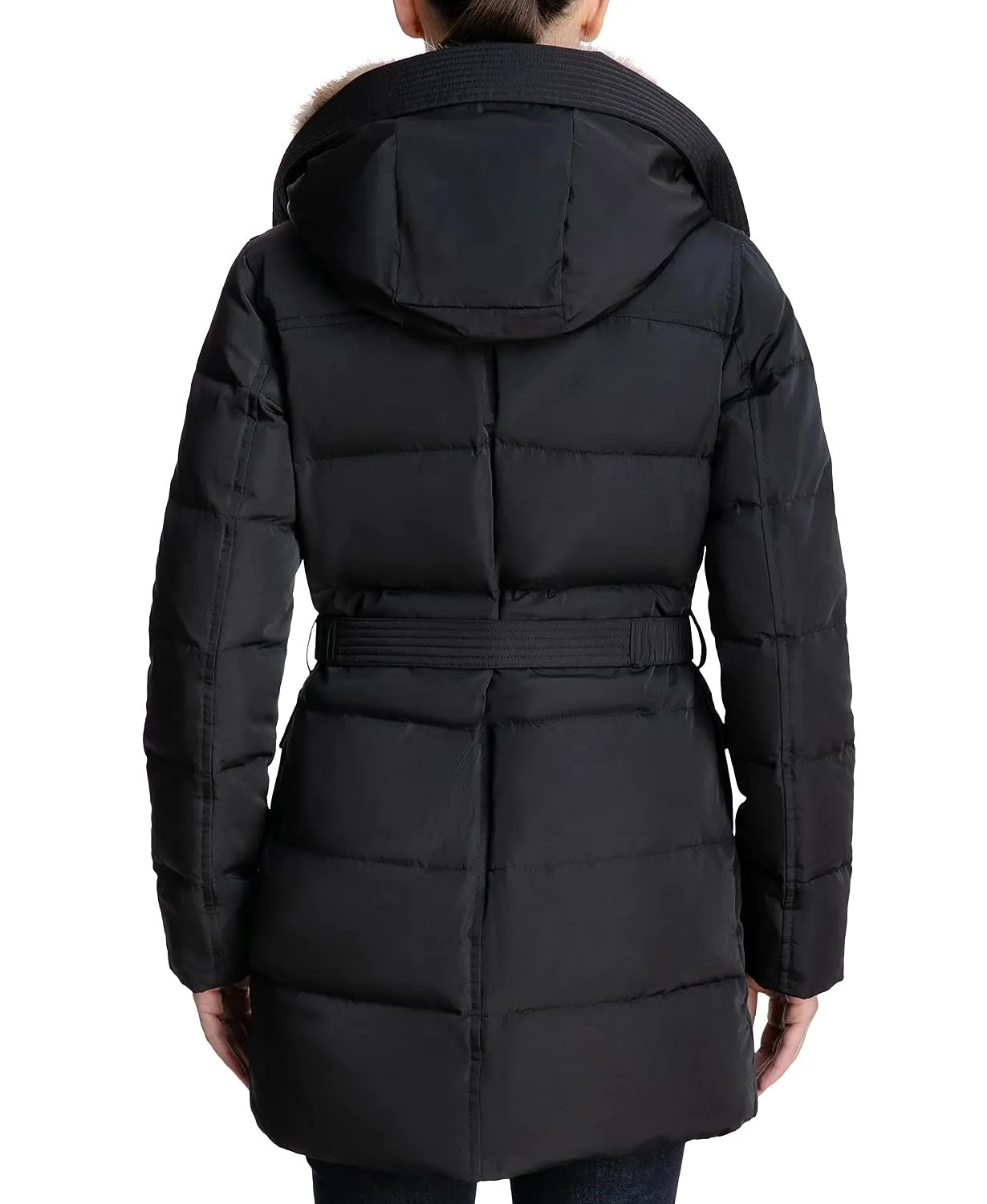 Michael Michael Kors Belted Faux Fur Collar Down Puffer Coat Gold Button Black (S)