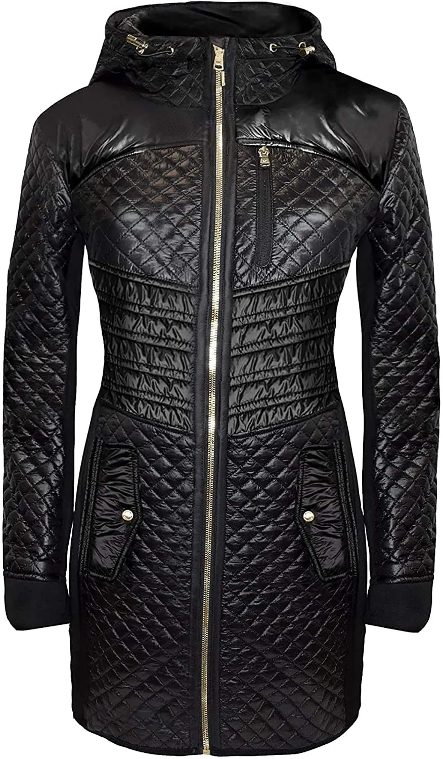 Michael Michael Kors Women's Black Nylon Quilted Mixed Media Stretch 3/4 Coat (S)