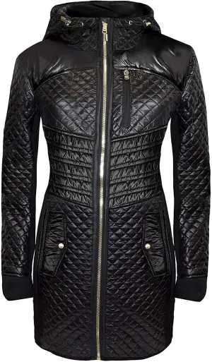 Michael Michael Kors Women's Black Nylon Quilted Mixed Media Stretch 3/4 Coat (S)