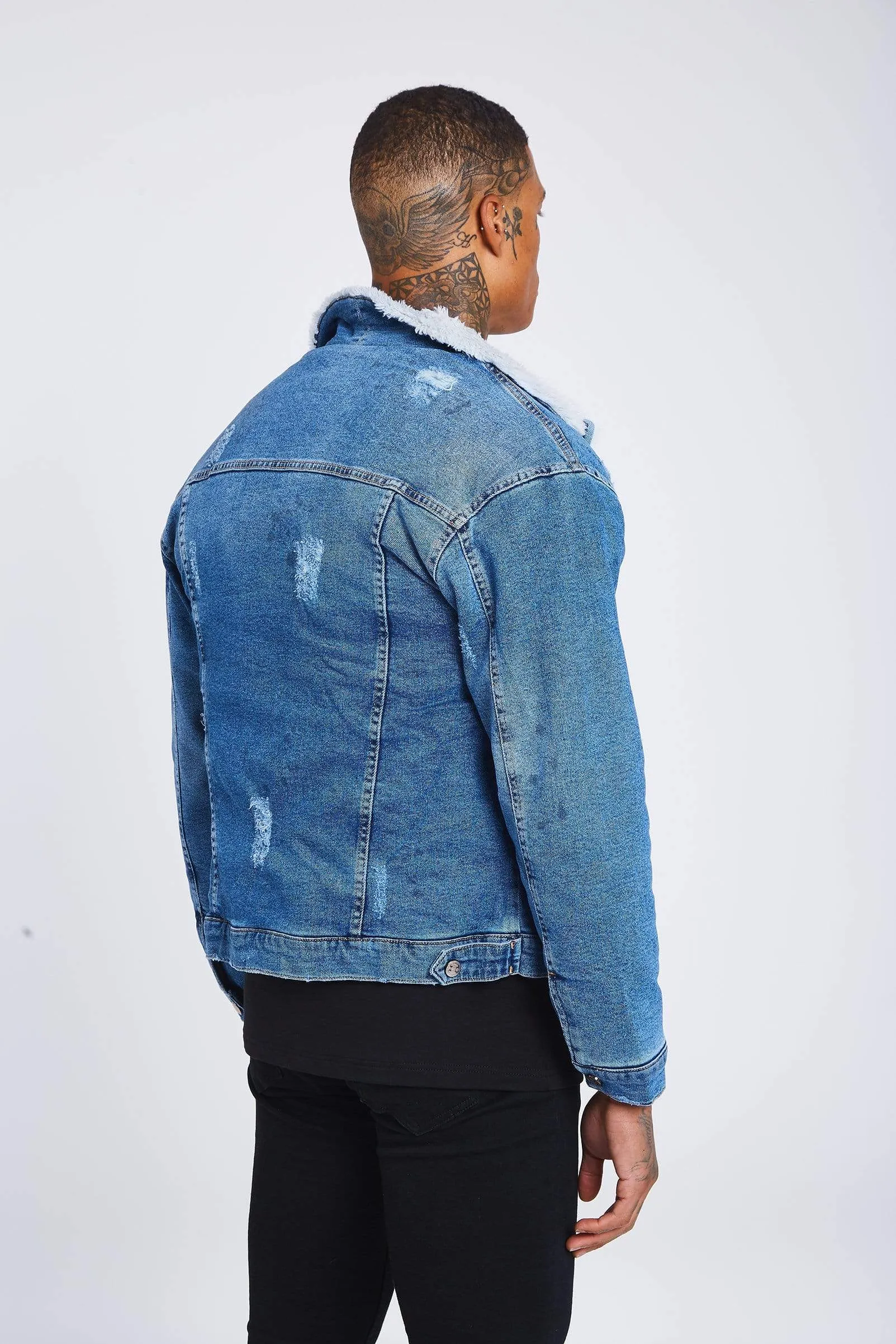 Mid Blue Wash Denim Jacket - Faux Fur Lined