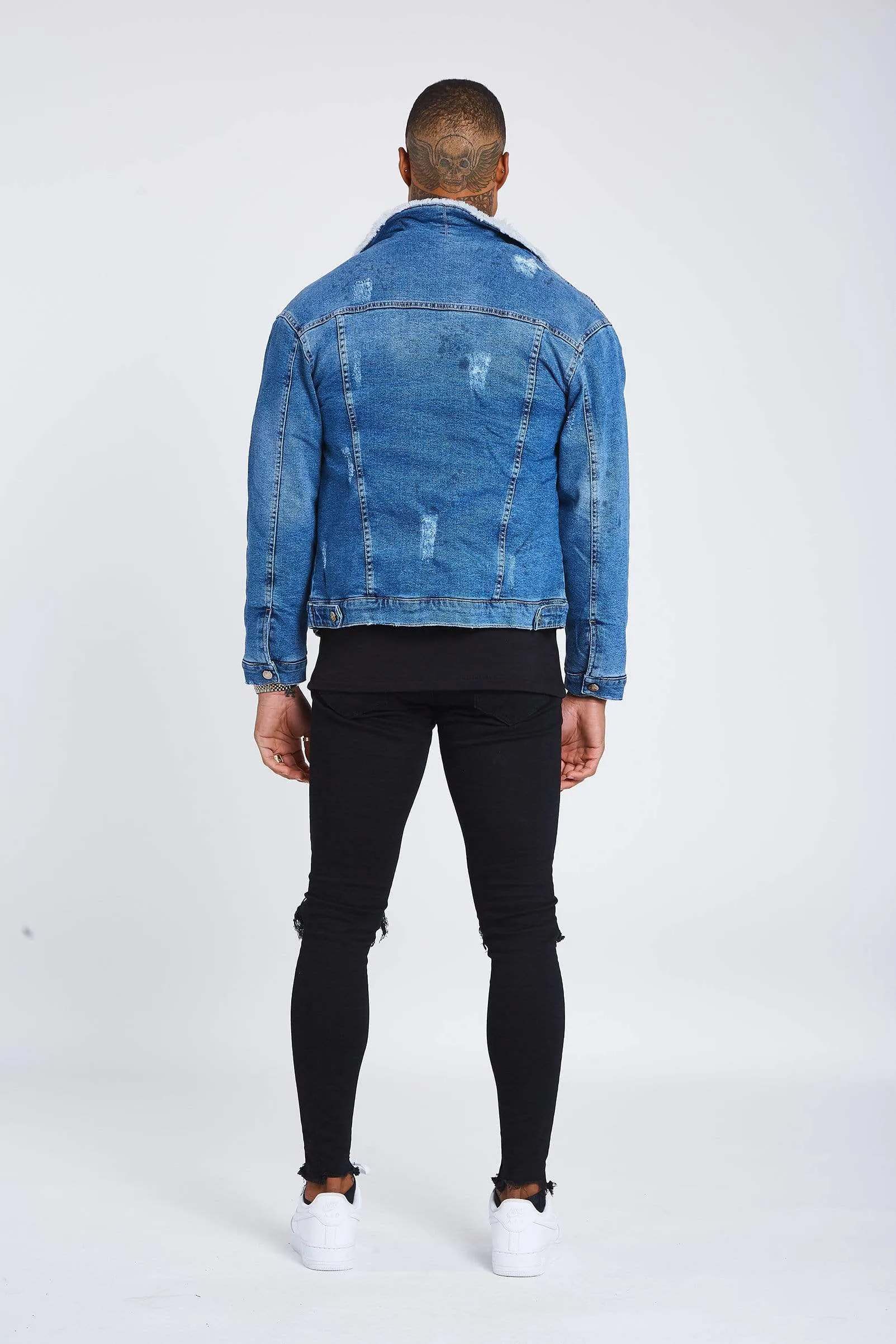 Mid Blue Wash Denim Jacket - Faux Fur Lined