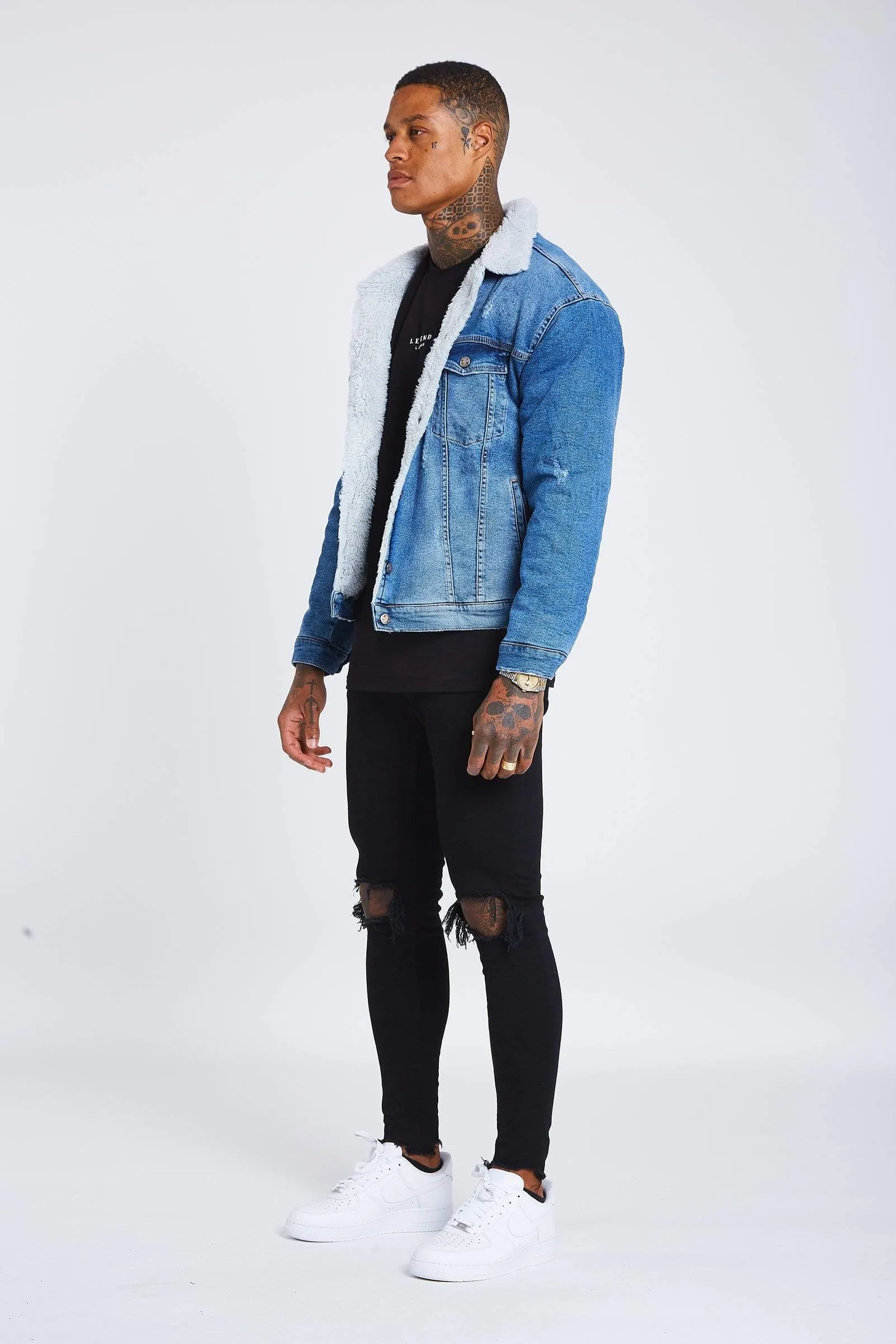 Mid Blue Wash Denim Jacket - Faux Fur Lined