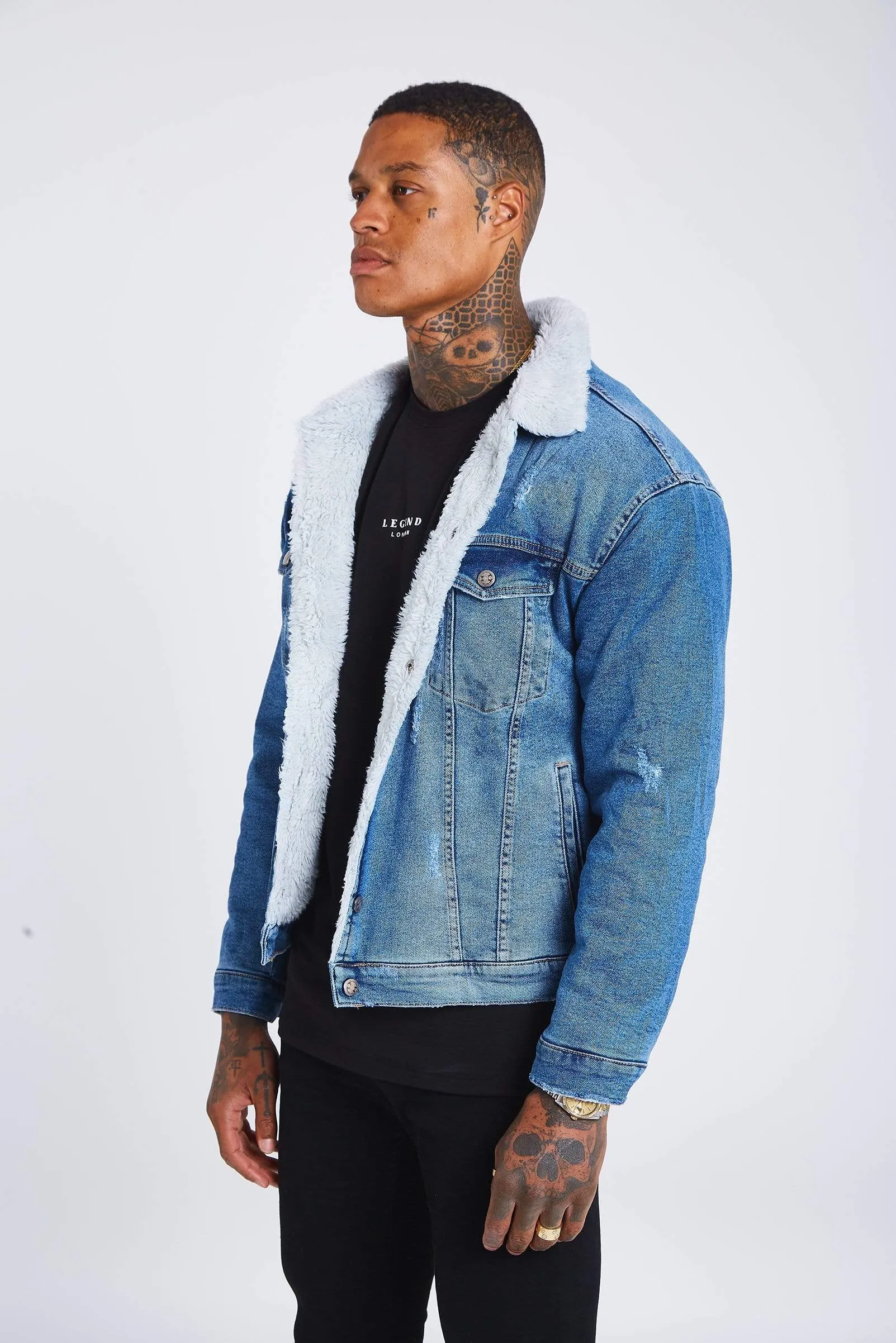 Mid Blue Wash Denim Jacket - Faux Fur Lined