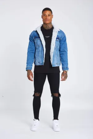 Mid Blue Wash Denim Jacket - Faux Fur Lined